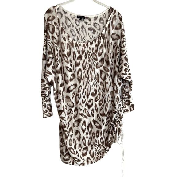 Express Womens Lightweight Sweater Large Ivory Tan Animal Print Ruched Side Tie - Picture 1 of 6